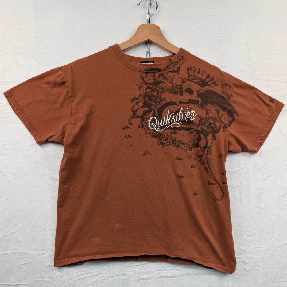 VTG Quiksilver T-Shirt Men's Medium Orange Skull Skate Surf Boxy Mall Goth Y2K